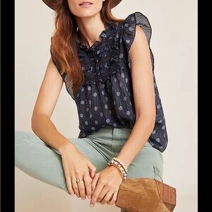 Anthropologie Current Air Caravaggio Ruffled Blouse Navy Blue Polka Dot Sz XS